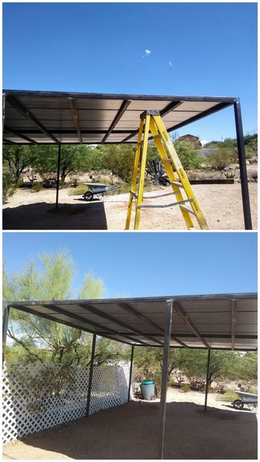 Custom steel shade cover for residential outdoor living in Tucson, Arizona.