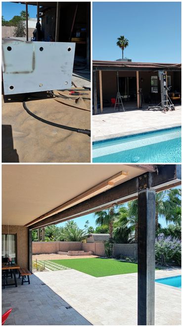 Structural steel support beam and posts creating an open patio view, Paradise Valley.
