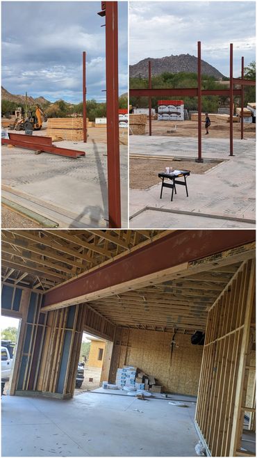 Structural steel support posts and load-bearing header beam for a custom home, Scottsdale.