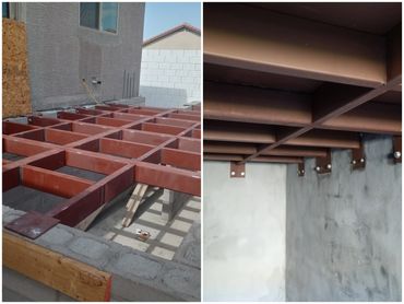 Structural steel framing supporting an elevated concrete deck over a custom storage bunker