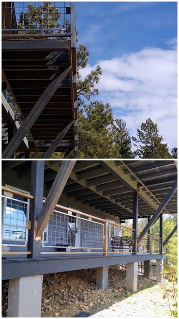 Structural steel framing, support posts and braces for a second-story deck, Flagstaff.