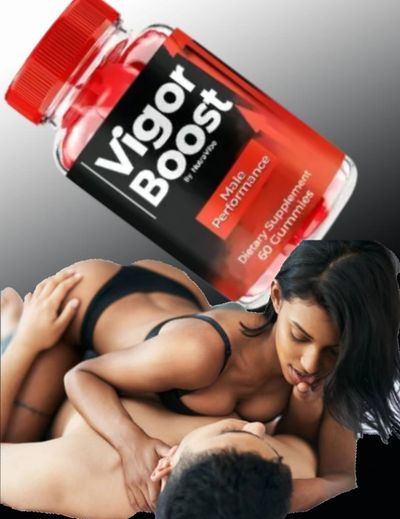 A bottle of Vigor Boost male performance gummies with a couple embracing intimately.