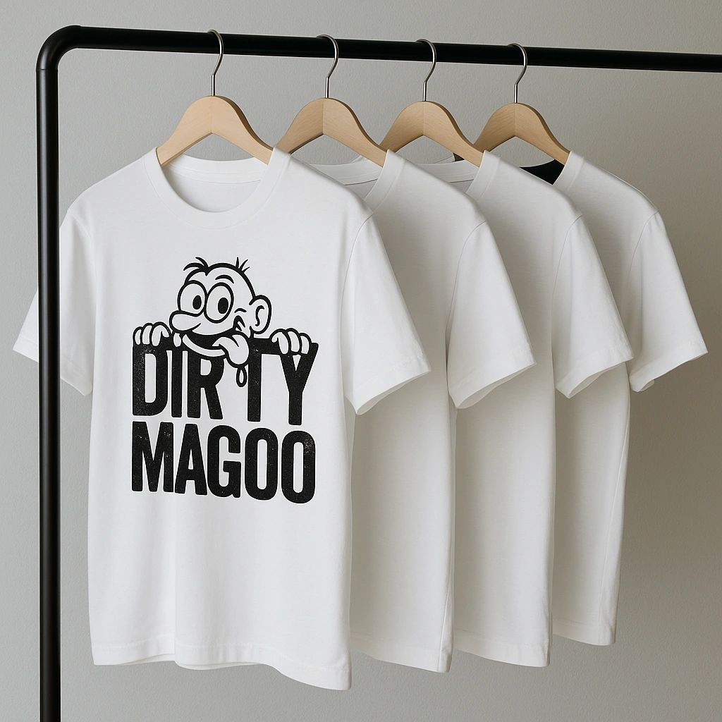 White T-shirts on hangers, one with a cartoon and 'DIRTY MAGOO' text.