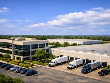 Modern warehouse with trucks and cars parked outside.