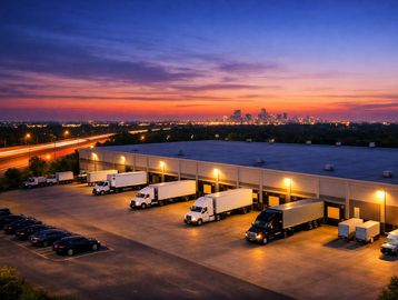 Trucks parked outside a warehouse during sunset.