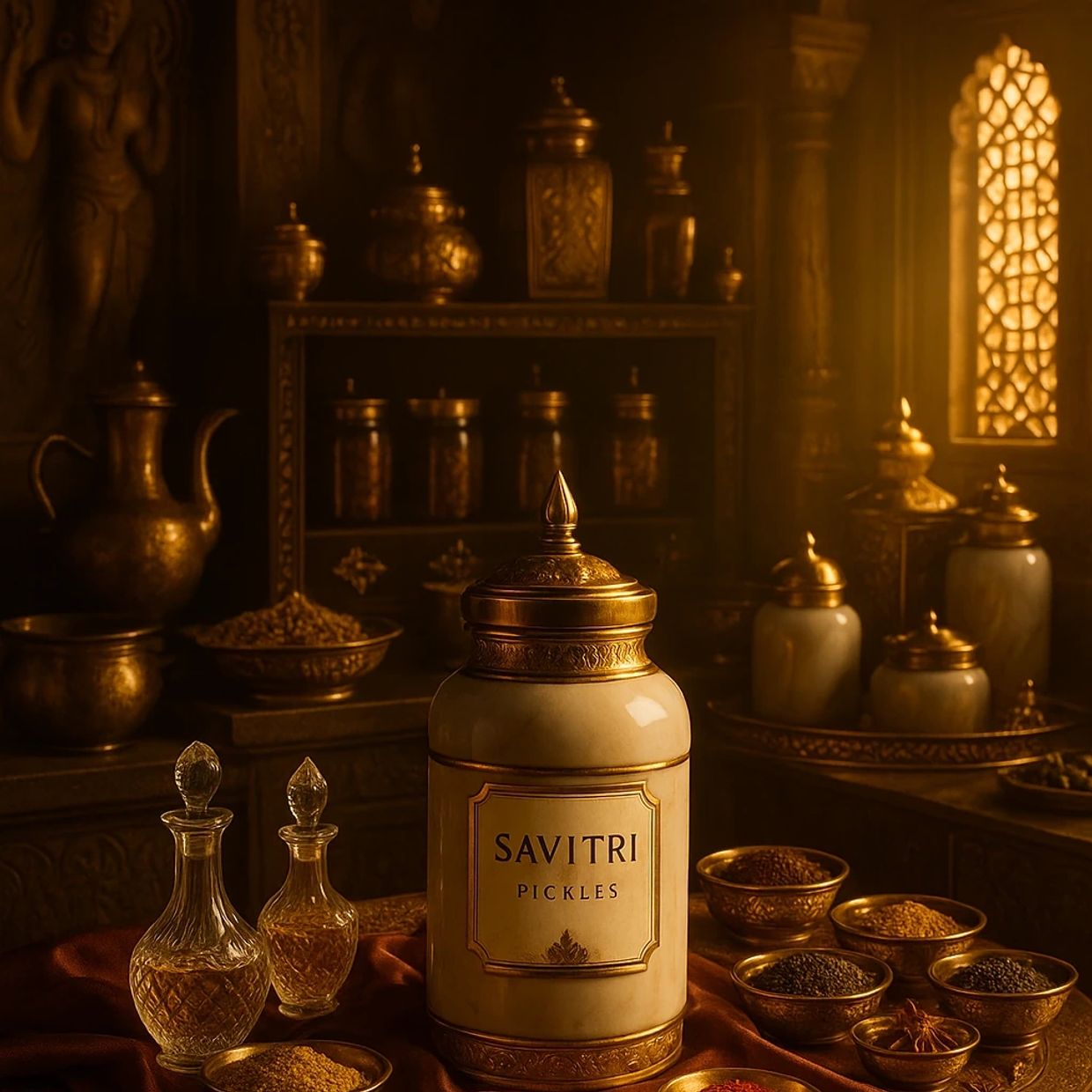 Vintage-style jar of Savitri pickles surrounded by spices and brassware in a warm, traditional setting.