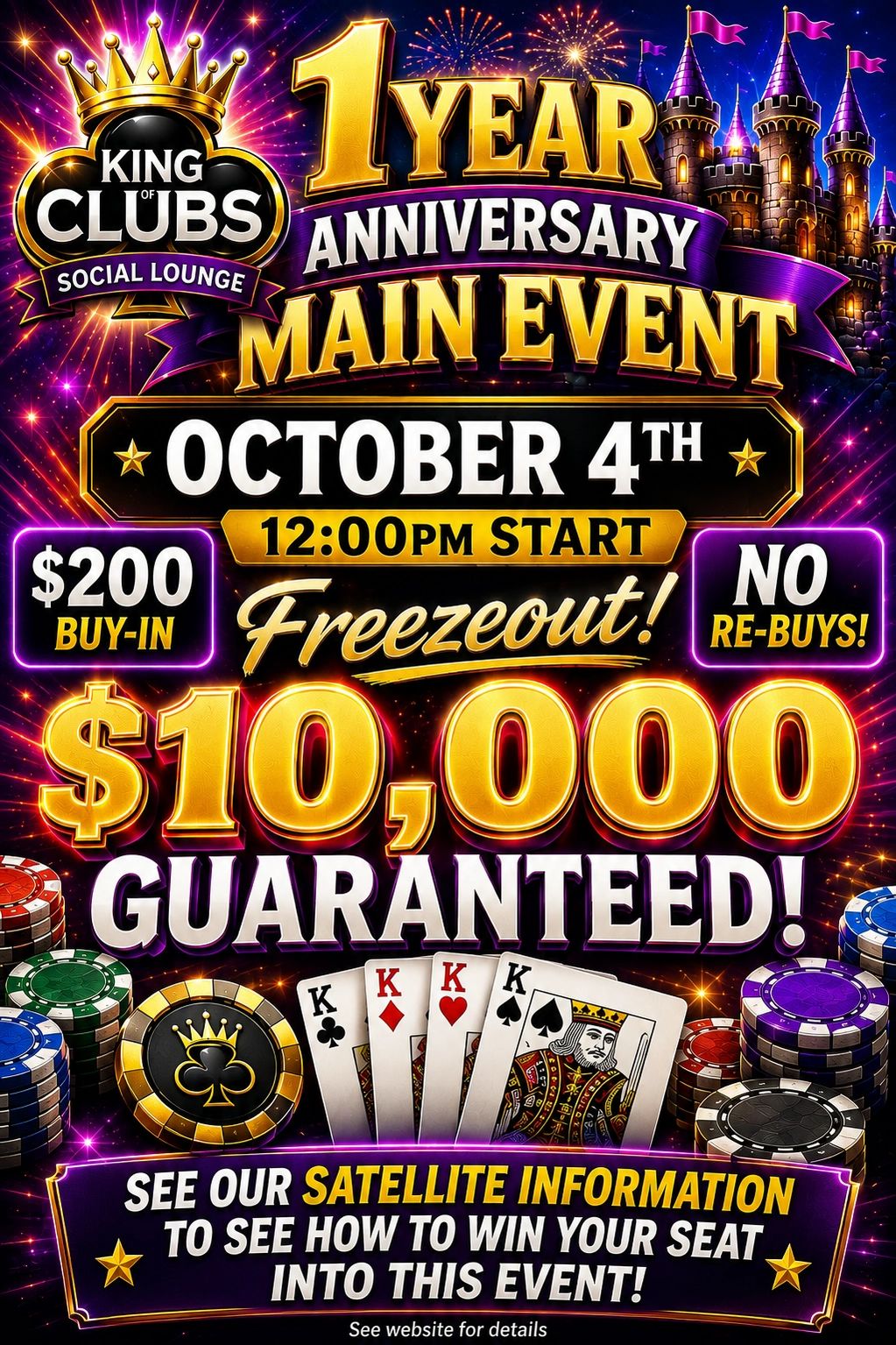 Poker tournament anniversary event with $10,000 guaranteed prize.