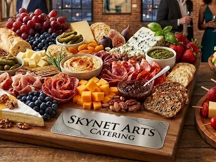 Gourmet party platters with cheese, fruit, and charcuterie at a social event.