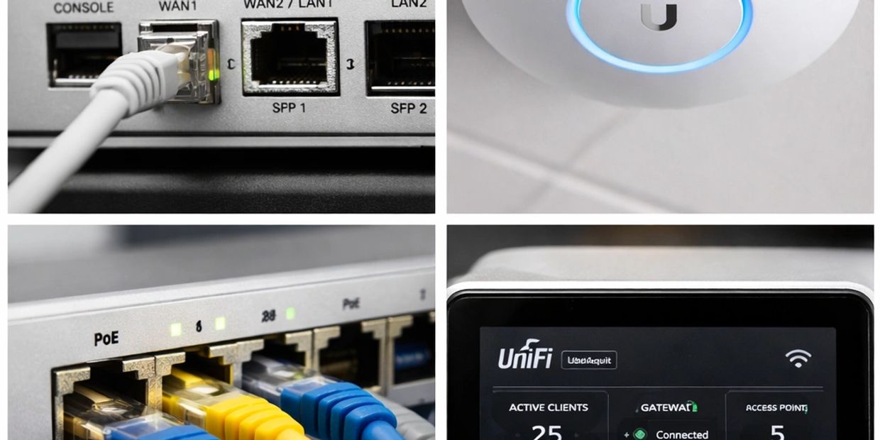 UniFi network devices including security gateway, access point, switch, and monitoring screen.
