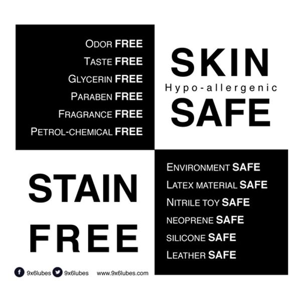 stain free, odor free, taste free, fragrance free, safe for leather, skin and latex materials 
