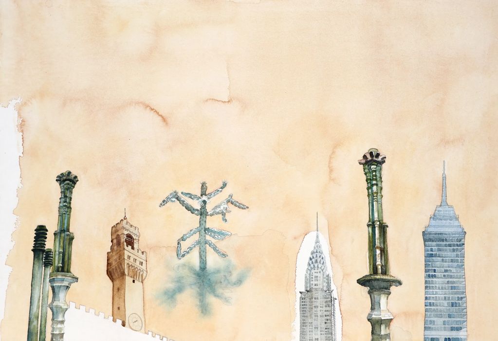 Acuarela de un grupo de torres y edificios.
Watercolor of a group of towers and buildings