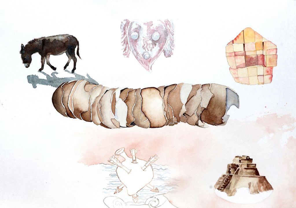 Una acuarela de un burro, dos corazones, una pirámide, papaya y cascarones de huevo.
Watercolor.