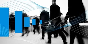 People in motion with data lines and charts, showing customized business solutions, Sage XP