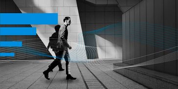 Walking professionals with bold bars, reflecting change and transformation success, Sage XP