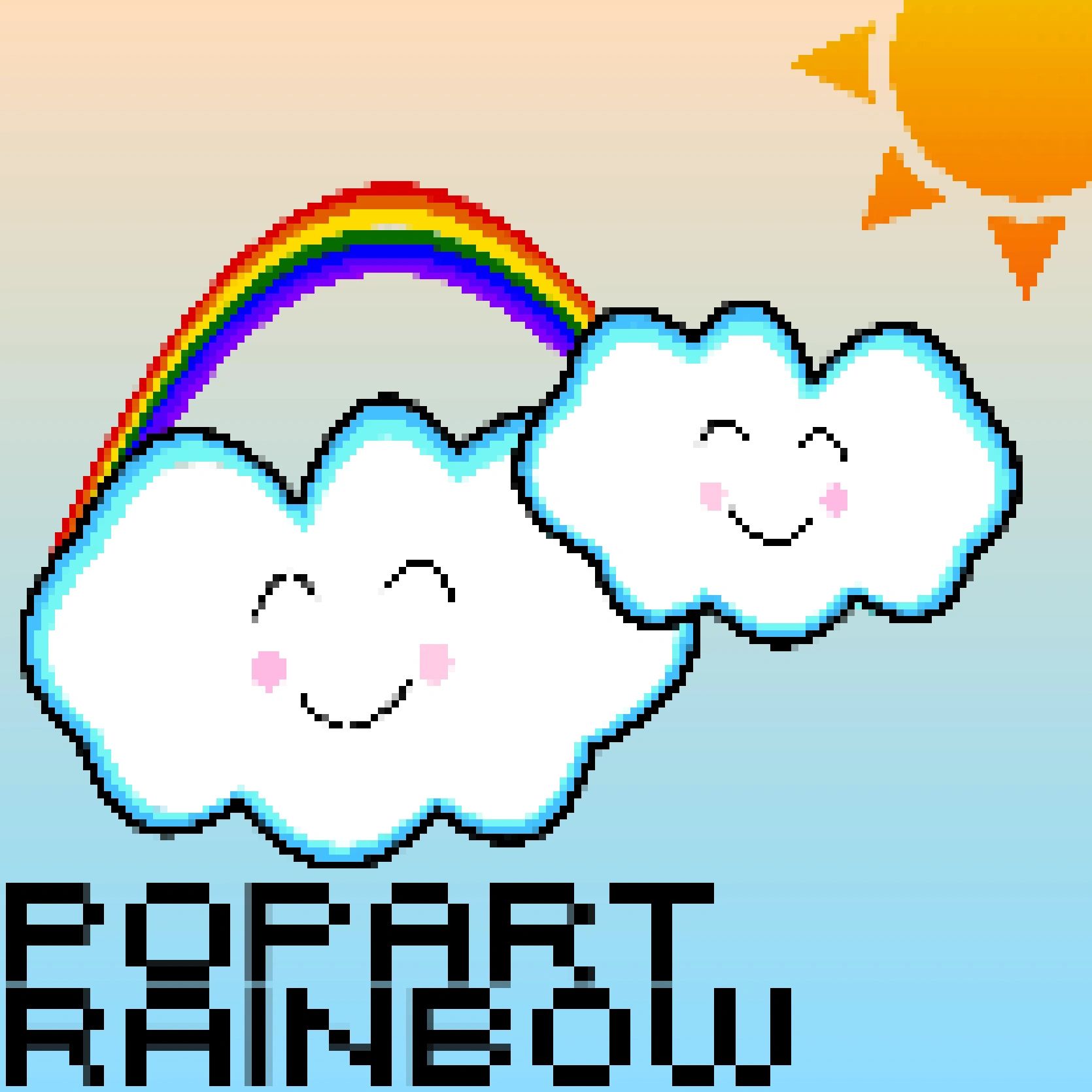 Pixel art of two smiling clouds, a rainbow, and a sun with text.