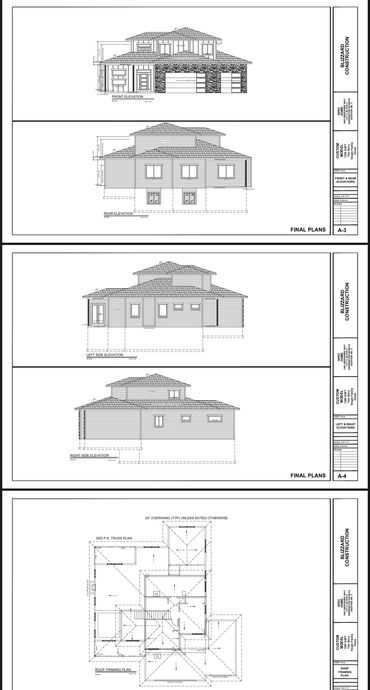 Architectural blueprints showing front, rear, left, right elevations, and roof framing plan of a two-story house.