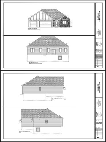 Architectural elevation plans showing front, rear, left, and right views of a custom single-story home.