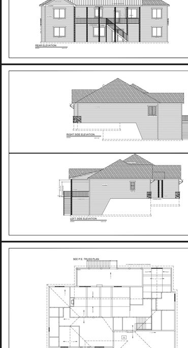 Architectural blueprints showing front, rear, side elevations, and roof framing plan of a custom home.