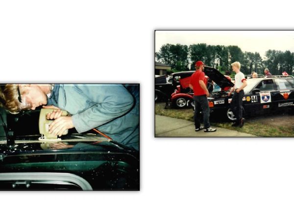 Pictures of young Max next to his rally car and installing a sun roof on a vehicle. 