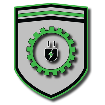 Image of green, gray, and black shield with a lightning bolt, plug, and gear. 