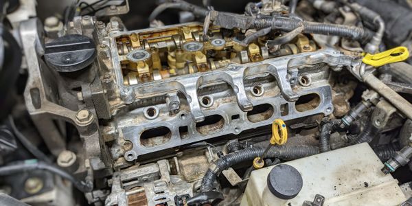 Close-up of an engine with its valve cover removed, showing internal components.