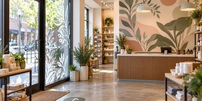 Illustration of a retail interior with custom vinyl graphics on the walls, windows and floor.