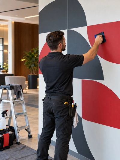 Installer applying a vinyl wall graphic in a commercial interior.