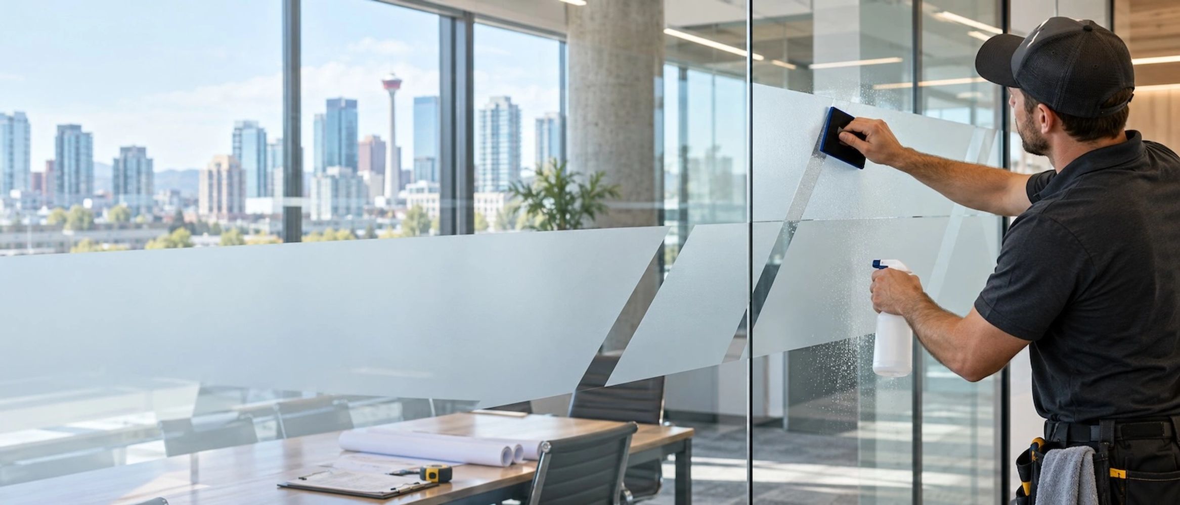 Installer applying frosted privacy graphics to an office glass partition