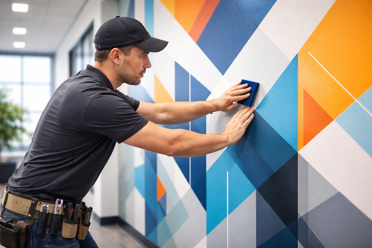 Applying a colorful wall mural in office