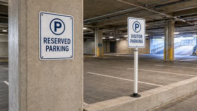 Illustrative image of wall-mounted parkade sign and a parking sign mounted on a round parking post