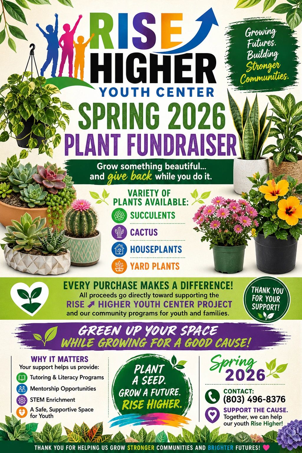 Flyer for Rise Higher Youth Center's Spring 2026 plant fundraiser supporting youth and community programs.