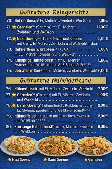 Menu of fried rice and noodle dishes with shrimp, chicken, and vegetables priced between 6-11 euros.