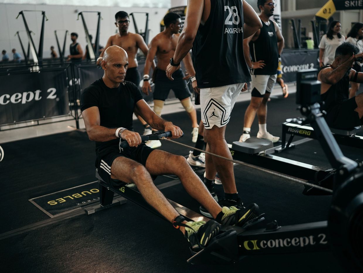 Manish Yadav at rowing workout station.