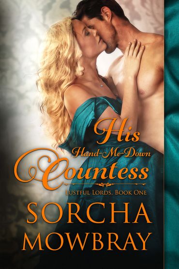 Man and a woman in a sensual embrace. He has no shirt. She has Victorian dress.