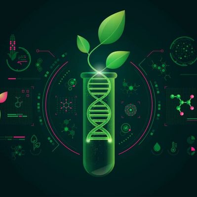 A green DNA strand inside a test tube with plant leaves growing out, symbolizing genetic engineering.