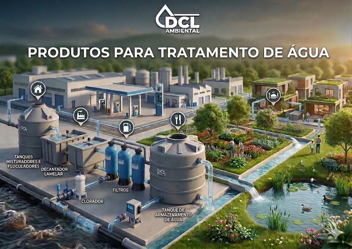 Imagem ilustrativa de produtos para tratamento de água da DCL Ambiental.