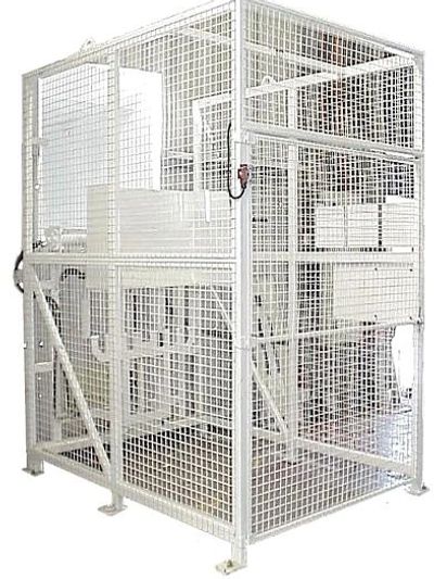 Industrial safety cage elevator for secure material transport.