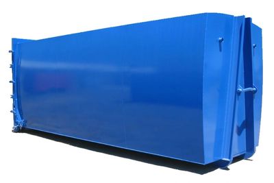 Large blue industrial metal container for waste or materials.