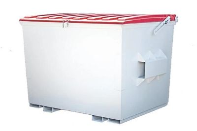 Large white and red industrial waste container with side handles.