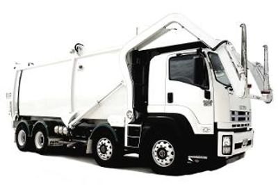 White garbage truck with side-loading arm on a white background.