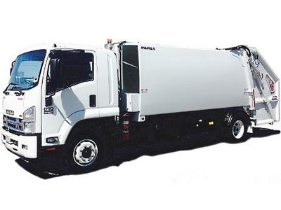 A white garbage truck on a white background.