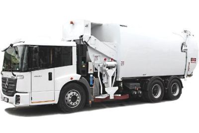 A white garbage truck isolated on a white background.