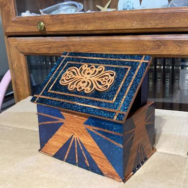 Jewelry box stained, and painted in blue pearls
