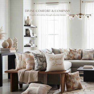 Elegant living room with neutral tones and decorative pillows.