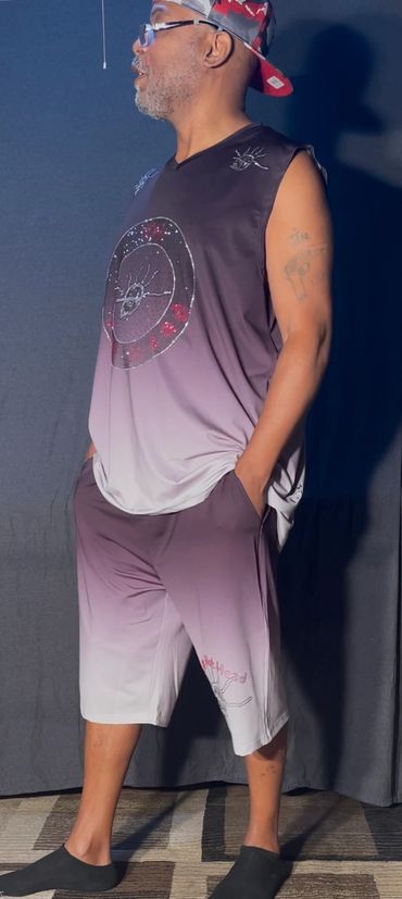 Unique and breathable fabric short sets with Bling logos on the shoulders.