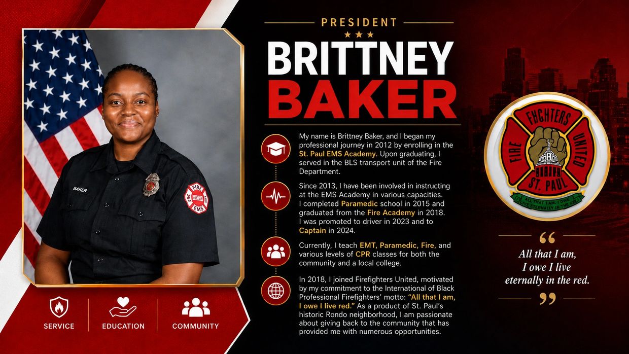 Campaign poster for Brittney Baker running for president of Firefighters United St. Paul.