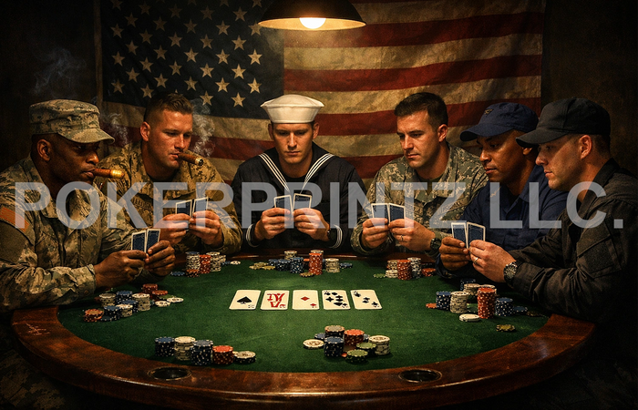 Military personnel playing poker with cigars and an American flag backdrop.