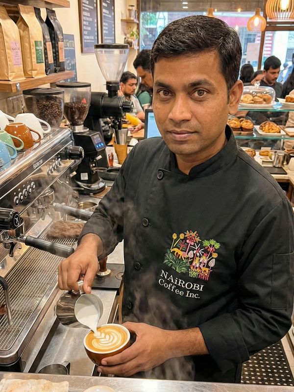 Chef wearing a designer Chef coat with computerised embroidery work at a cafe