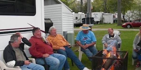 campers,  fire, laughter, trailers, RV, friends, camping, campground, 
