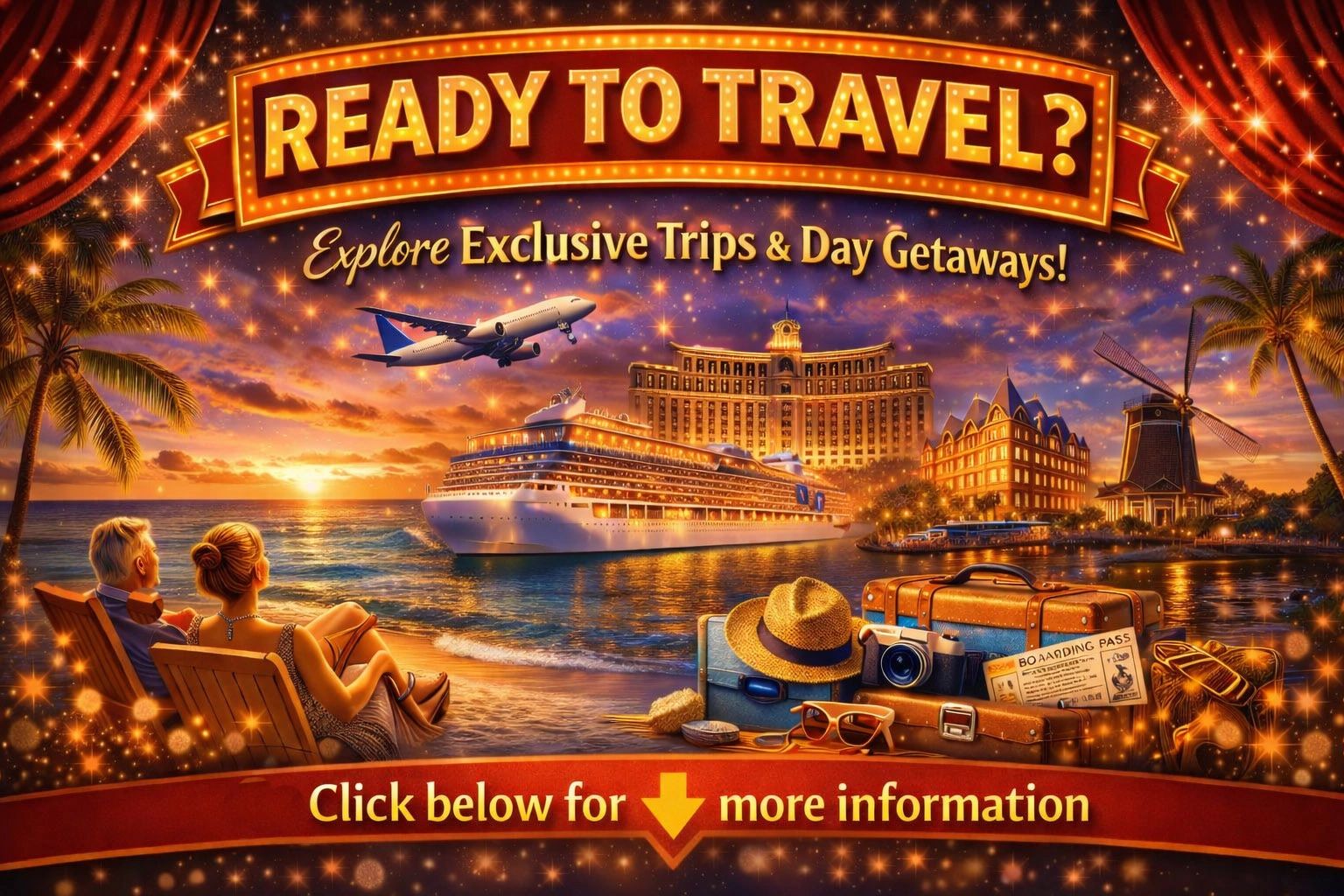 Couple enjoying a sunset beach scene with cruise ship, airplane, and travel gear inviting exclusive trip exploration.
